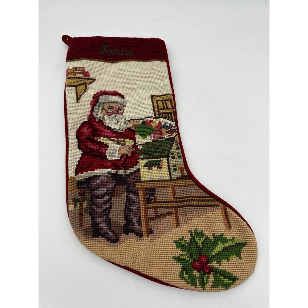 Needlepoint Wool Christmas Stocking Customized SANDRA 18" Santa Workshop Vintage